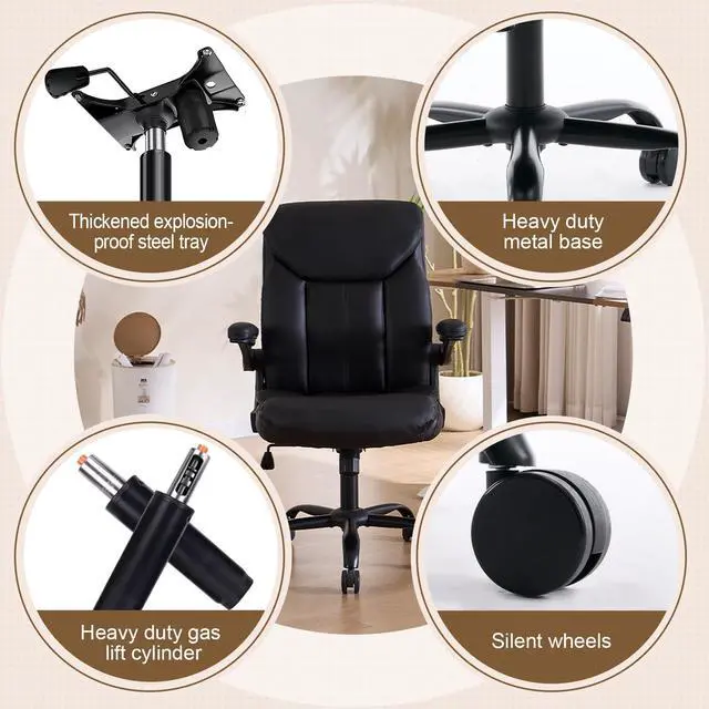 Alt view image 5 of 7 - Leather Executive Office Chair - Black Ergonomic Computer Desk Chair | Flip-up Arms,PU Leather,Mid Back Support,Adjustable Height,Swivel Rolling Wheels for Short People Study Work for Small Space