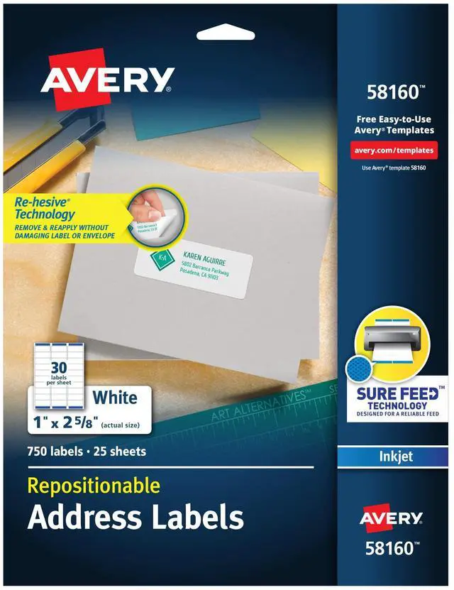 Main image of Repositionable Printable Address Labels, Sure Feed Technology, 1" x 2-5/8", White, 750 Blank Mailing Labels (58160)