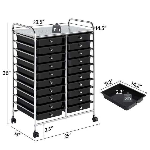 Alt view image 3 of 7 - 20-Drawer Rolling Storage Cart on Wheels, Craft Organizer, Black | Twenty drawers and a top shelf sort craft, art, and office supplies; steel frame, plastic bins, locking wheels, easy setup
