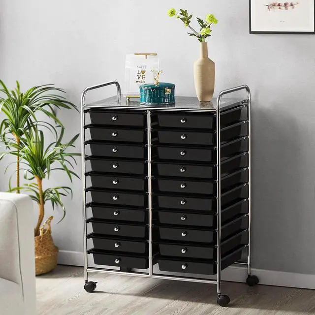 Alt view image 2 of 7 - 20-Drawer Rolling Storage Cart on Wheels, Craft Organizer, Black | Twenty drawers and a top shelf sort craft, art, and office supplies; steel frame, plastic bins, locking wheels, easy setup