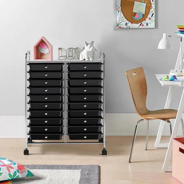 Alt view image 4 of 7 - 20-Drawer Rolling Storage Cart on Wheels, Craft Organizer, Black | Twenty drawers and a top shelf sort craft, art, and office supplies; steel frame, plastic bins, locking wheels, easy setup