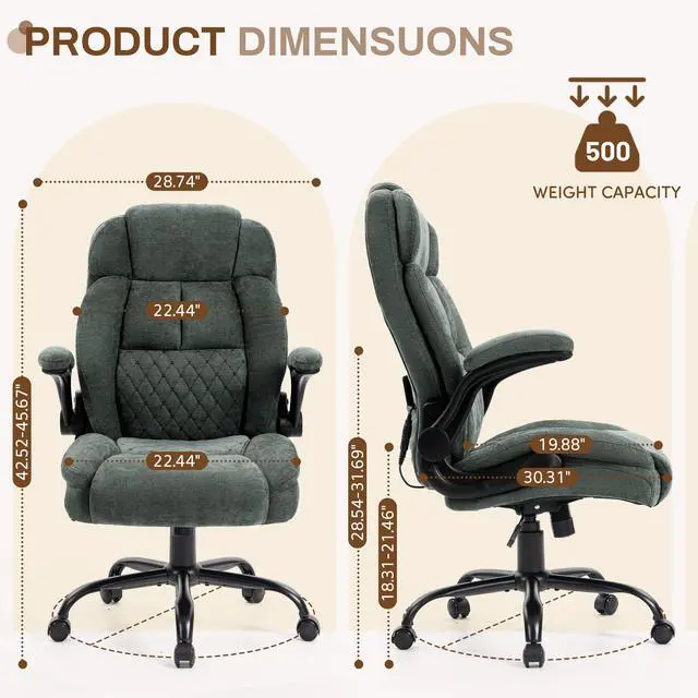 Alt view image 2 of 7 - Massage Office Chair,500LBS Ergonomic Rocking Executive Desk Chairs with 4 Points Vibration&Heat,Padded Flipup Armrests for Big and Tall Office Chair,Swivel Computer Chair Fabric Green