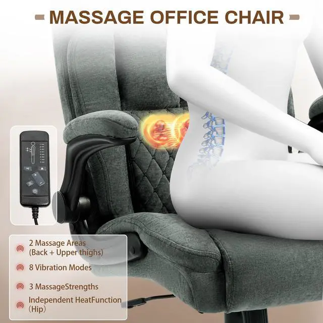 Alt view image 3 of 7 - Massage Office Chair,500LBS Ergonomic Rocking Executive Desk Chairs with 4 Points Vibration&Heat,Padded Flipup Armrests for Big and Tall Office Chair,Swivel Computer Chair Fabric Green