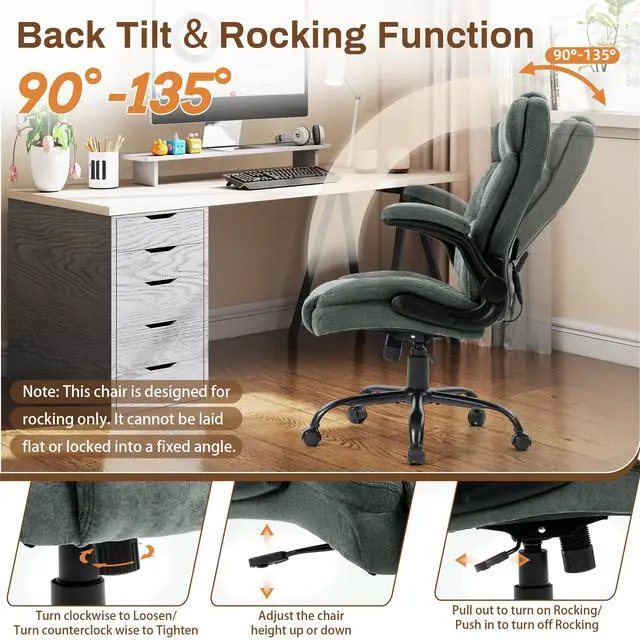 Alt view image 4 of 7 - Massage Office Chair,500LBS Ergonomic Rocking Executive Desk Chairs with 4 Points Vibration&Heat,Padded Flipup Armrests for Big and Tall Office Chair,Swivel Computer Chair Fabric Green