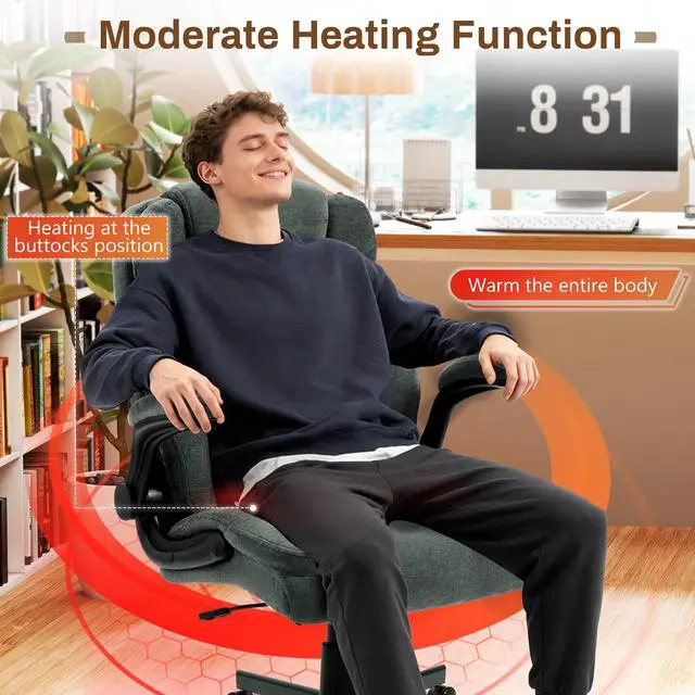 Alt view image 6 of 7 - Massage Office Chair,500LBS Ergonomic Rocking Executive Desk Chairs with 4 Points Vibration&Heat,Padded Flipup Armrests for Big and Tall Office Chair,Swivel Computer Chair Fabric Green