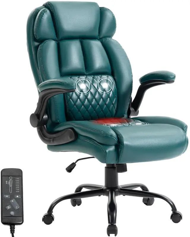 Main image of Massage Office Chair,500LBS Ergonomic Rocking Executive Desk Chairs with 4 Points Vibration&Heat,Padded Flipup Armrests for Big and Tall Office Chair,Swivel Computer Chair DarkGreen