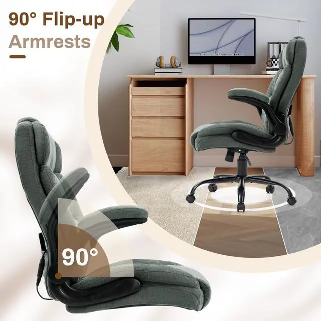 Alt view image 5 of 7 - Massage Office Chair,500LBS Ergonomic Rocking Executive Desk Chairs with 4 Points Vibration&Heat,Padded Flipup Armrests for Big and Tall Office Chair,Swivel Computer Chair Fabric Green