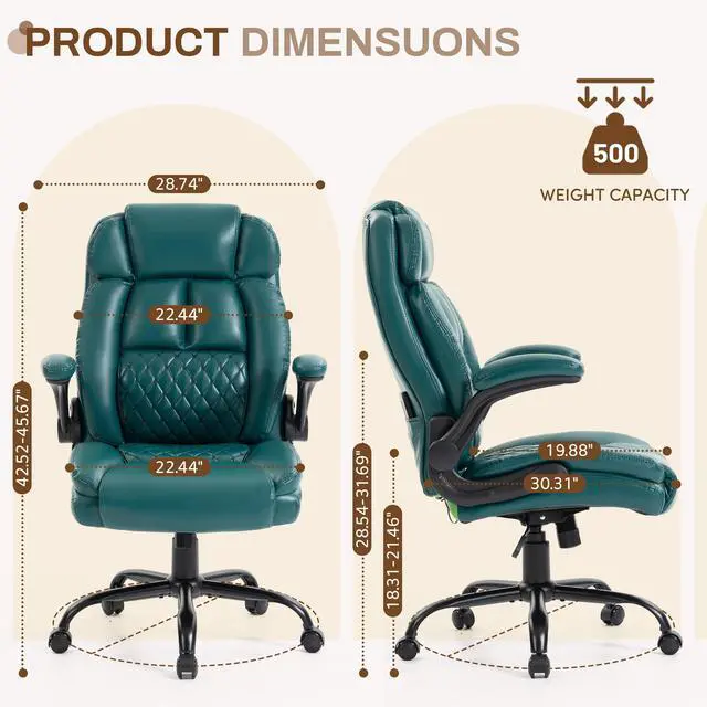 Alt view image 2 of 7 - Massage Office Chair,500LBS Ergonomic Rocking Executive Desk Chairs with 4 Points Vibration&Heat,Padded Flipup Armrests for Big and Tall Office Chair,Swivel Computer Chair DarkGreen