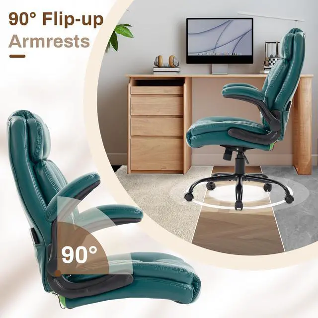 Alt view image 5 of 7 - Massage Office Chair,500LBS Ergonomic Rocking Executive Desk Chairs with 4 Points Vibration&Heat,Padded Flipup Armrests for Big and Tall Office Chair,Swivel Computer Chair DarkGreen