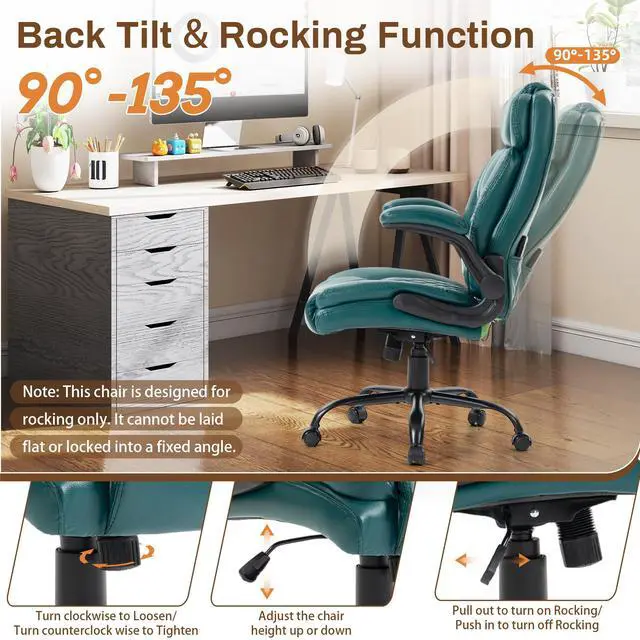 Alt view image 4 of 7 - Massage Office Chair,500LBS Ergonomic Rocking Executive Desk Chairs with 4 Points Vibration&Heat,Padded Flipup Armrests for Big and Tall Office Chair,Swivel Computer Chair DarkGreen