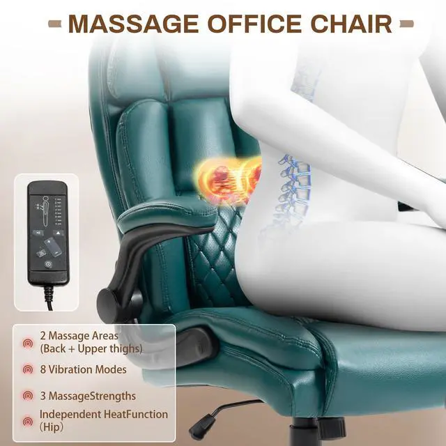 Alt view image 3 of 7 - Massage Office Chair,500LBS Ergonomic Rocking Executive Desk Chairs with 4 Points Vibration&Heat,Padded Flipup Armrests for Big and Tall Office Chair,Swivel Computer Chair DarkGreen