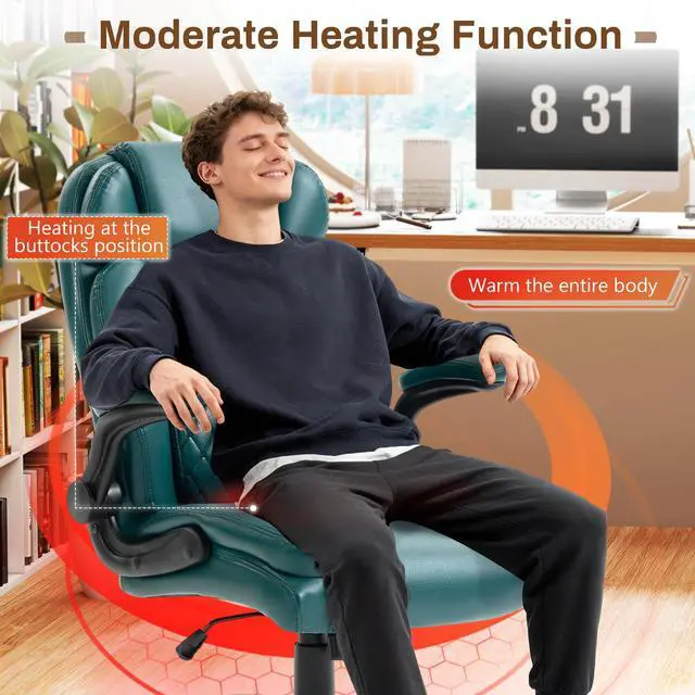 Alt view image 6 of 7 - Massage Office Chair,500LBS Ergonomic Rocking Executive Desk Chairs with 4 Points Vibration&Heat,Padded Flipup Armrests for Big and Tall Office Chair,Swivel Computer Chair DarkGreen