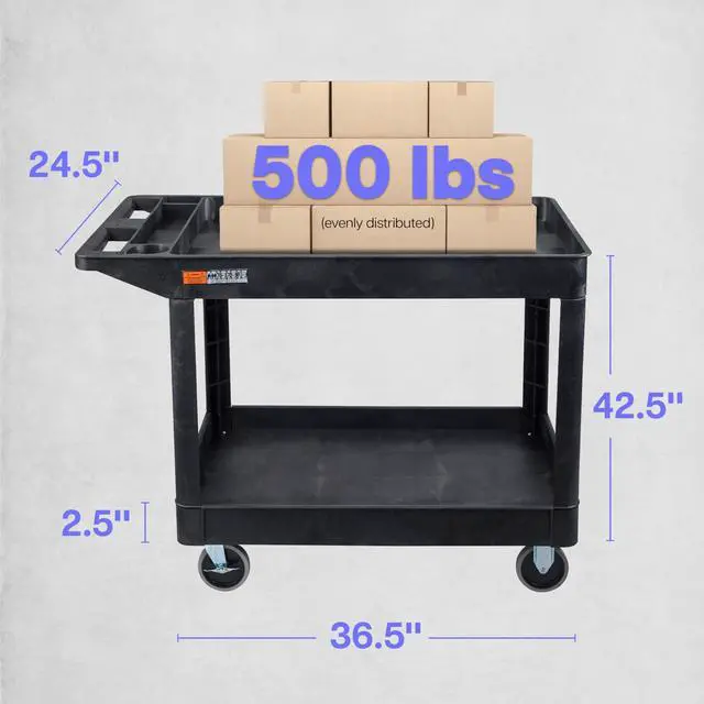 Alt view image 2 of 7 - Tubstr Extra Large Two-Shelf Utility Cart with Heavy-Duty Wheels | 500 lb. Capacity Rolling Utility & Tool Cart for Warehouses, Industrial Settings, Auto Garages, & More (Black, 45.5 x 24.5)