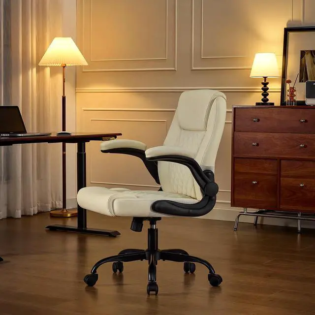 Alt view image 2 of 7 - Executive Office Chair with Lumbar Support & Flip-up Arms, Beige | Ergonomic Desk Chair, 90115° Tilt & Rocking, 20.1" Wide Seat, PU Leather, for Home Offices & Conference Rooms, 300Lbs