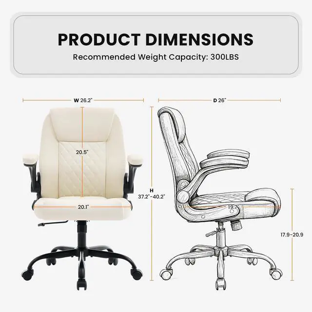 Alt view image 3 of 7 - Executive Office Chair with Lumbar Support & Flip-up Arms, Beige | Ergonomic Desk Chair, 90115° Tilt & Rocking, 20.1" Wide Seat, PU Leather, for Home Offices & Conference Rooms, 300Lbs