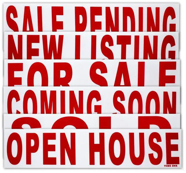 Main image of 6 Pack Bundle of Real Estate Rider Signs 6x24" - FOR SALE, OPEN HOUSE, SOLD, COMING SOON, SALE PENDING, NEW LISTING - Double-Sided Waterproof Corrugated Plastic Made in America (Red Letters)