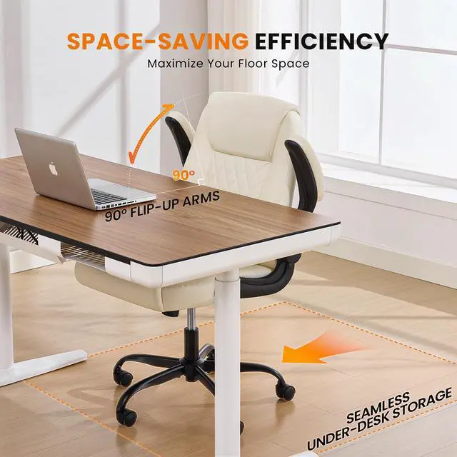 Alt view image 6 of 7 - Executive Office Chair with Lumbar Support & Flip-up Arms, Beige | Ergonomic Desk Chair, 90115° Tilt & Rocking, 20.1" Wide Seat, PU Leather, for Home Offices & Conference Rooms, 300Lbs