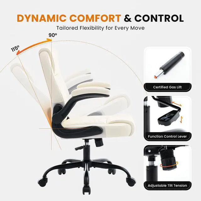 Alt view image 5 of 7 - Executive Office Chair with Lumbar Support & Flip-up Arms, Beige | Ergonomic Desk Chair, 90115° Tilt & Rocking, 20.1" Wide Seat, PU Leather, for Home Offices & Conference Rooms, 300Lbs