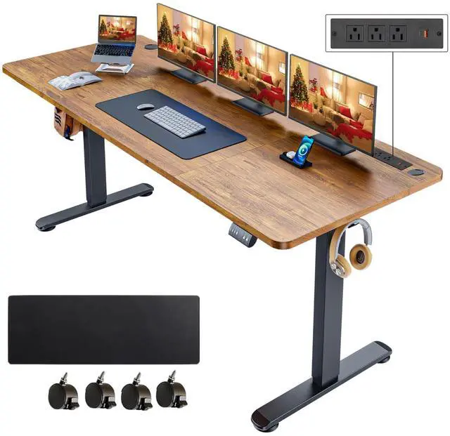Main image of Electric Standing Desk with Power Outlets and USB-C Port, 70 x 27 Inches Adjustable Height Sit Stand Up Desk for Home Office, Adjustable Desk with Memory Preset and Wheels, Brown
