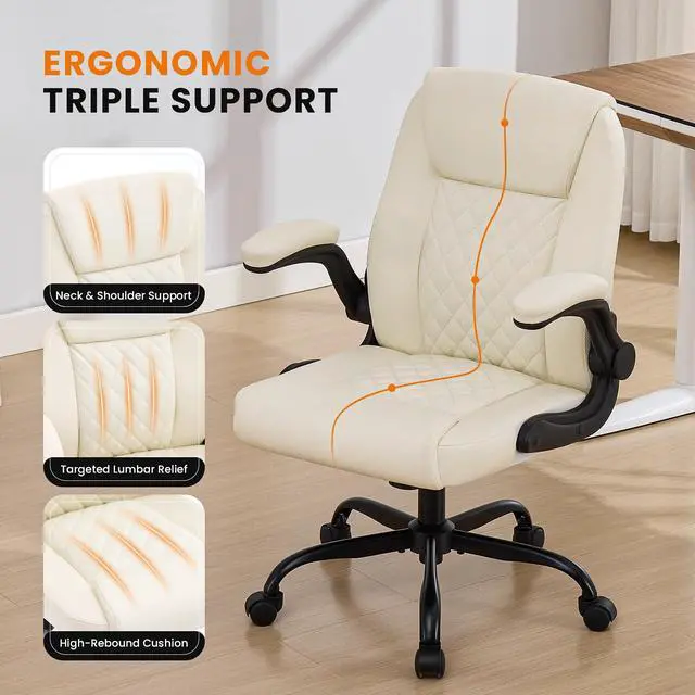Alt view image 7 of 7 - Executive Office Chair with Lumbar Support & Flip-up Arms, Beige | Ergonomic Desk Chair, 90115° Tilt & Rocking, 20.1" Wide Seat, PU Leather, for Home Offices & Conference Rooms, 300Lbs