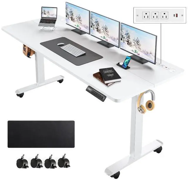 Main image of Electric Standing Desk with Power Outlets and USB-C Port, 63 x 24 Inches Adjustable Height Sit Stand Up Desk for Home Office, Adjustable Desk with Memory Preset and Wheels, White