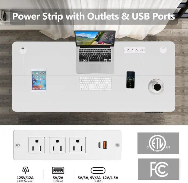Alt view image 3 of 7 - Electric Standing Desk with Power Outlets and USB-C Port, 63 x 24 Inches Adjustable Height Sit Stand Up Desk for Home Office, Adjustable Desk with Memory Preset and Wheels, White