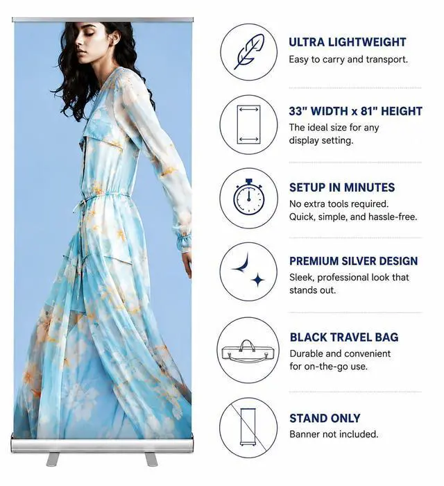 Alt view image 3 of 7 - Custom Retractable Roll-Up Banner Stand with Black Carrying Bag, Silver Aluminum DisplayCustom Banner for Trade Show Exhibition, Business Events & Store Displays, 33.5" x 80" (Printing Included)