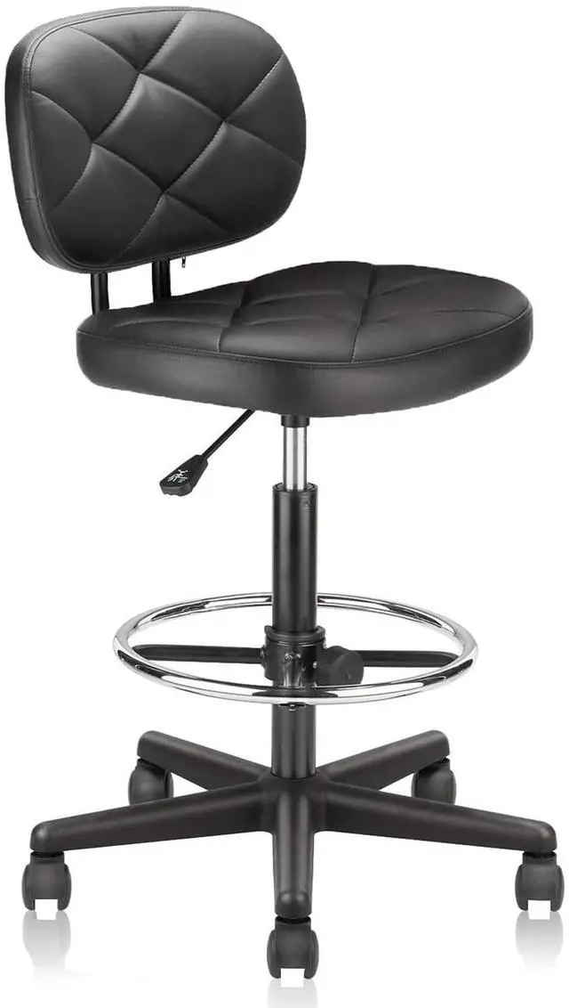Main image of PU Leather Rolling Bar Stool with Wheels and Back, Tall Drafting Stool with Adjustable Height and Footrest, Multi-Purpose Office Desk Chair for Home Kitchen Shop Work, Black (1PK)