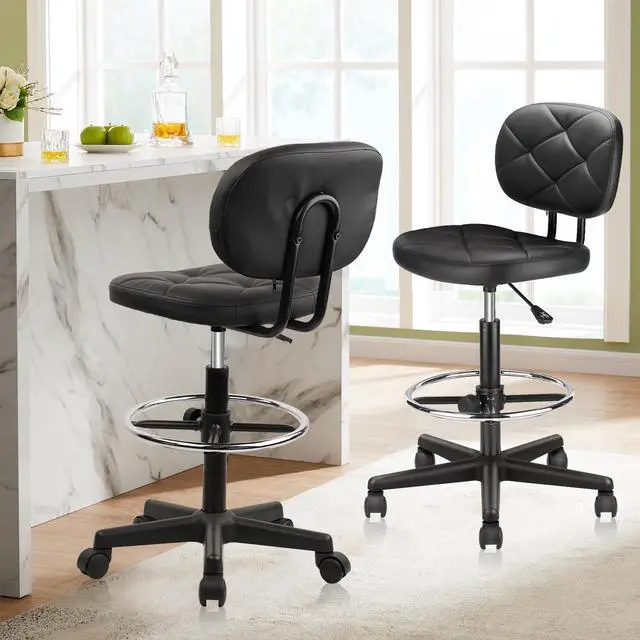 Alt view image 2 of 7 - PU Leather Rolling Bar Stool with Wheels and Back, Tall Drafting Stool with Adjustable Height and Footrest, Multi-Purpose Office Desk Chair for Home Kitchen Shop Work, Black (1PK)