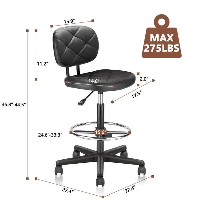 Alt view image 3 of 7 - PU Leather Rolling Bar Stool with Wheels and Back, Tall Drafting Stool with Adjustable Height and Footrest, Multi-Purpose Office Desk Chair for Home Kitchen Shop Work, Black (1PK)