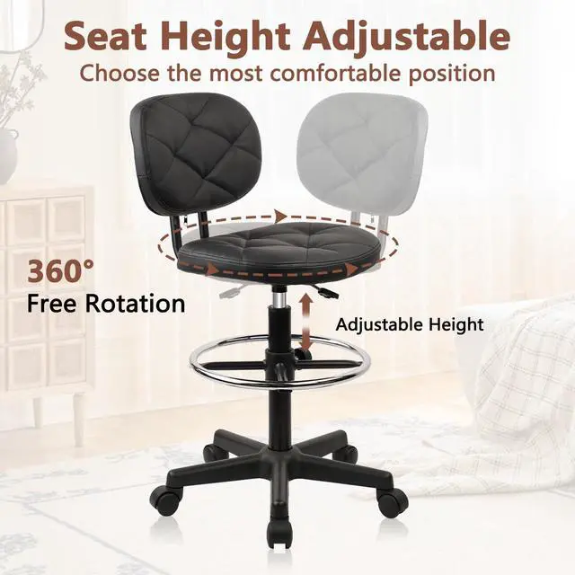 Alt view image 5 of 7 - PU Leather Rolling Bar Stool with Wheels and Back, Tall Drafting Stool with Adjustable Height and Footrest, Multi-Purpose Office Desk Chair for Home Kitchen Shop Work, Black (1PK)