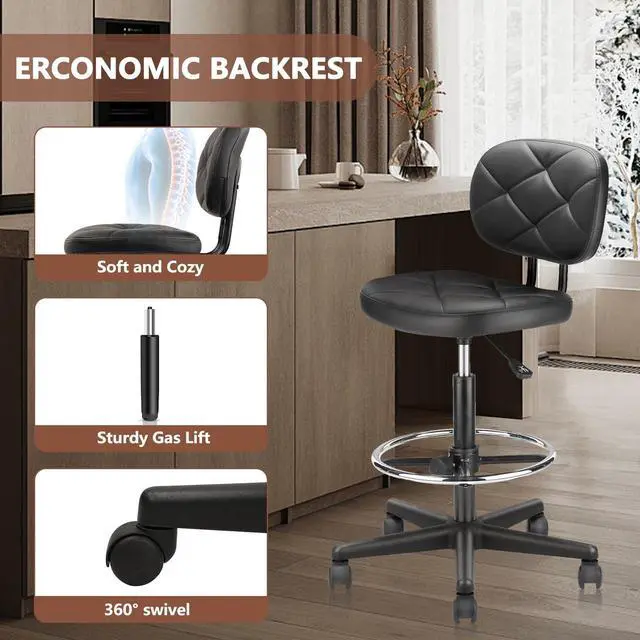 Alt view image 6 of 7 - PU Leather Rolling Bar Stool with Wheels and Back, Tall Drafting Stool with Adjustable Height and Footrest, Multi-Purpose Office Desk Chair for Home Kitchen Shop Work, Black (1PK)