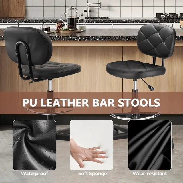 Alt view image 7 of 7 - PU Leather Rolling Bar Stool with Wheels and Back, Tall Drafting Stool with Adjustable Height and Footrest, Multi-Purpose Office Desk Chair for Home Kitchen Shop Work, Black (1PK)