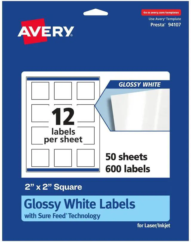 Main image of Square Labels, Sure Feed Technology, 2" x 2", 600 Glossy White Labels (36478)