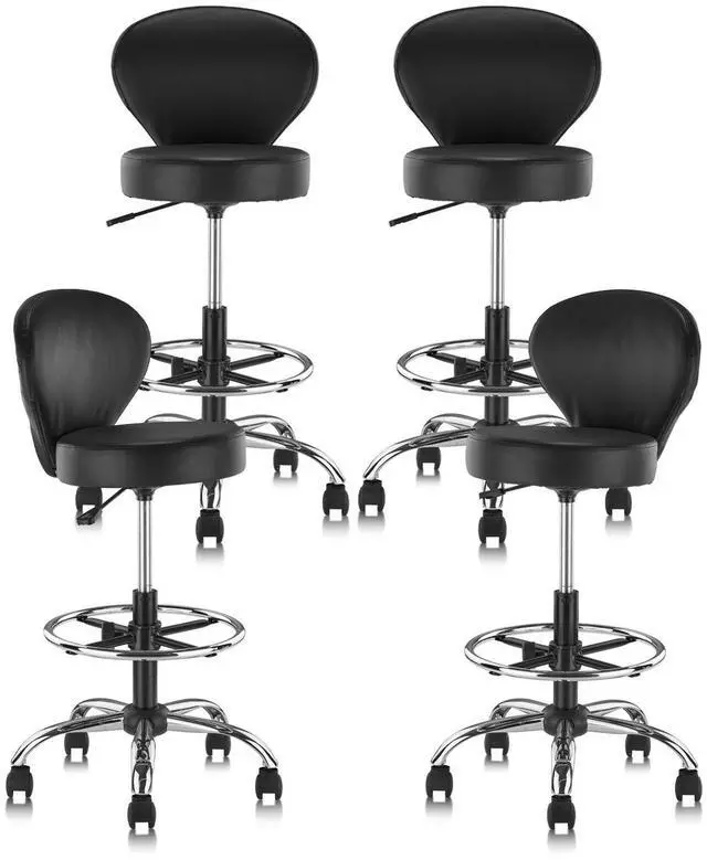 Main image of PVC Faux Leather Drafting Chair Set of 4 Rolling Swivel Salon Stool with Back Foot Rest Adjustable Hydraulic Seat Height 30 Inch Diameter 15 in Lumbar Support for Massage Facial Spa 4 Pack