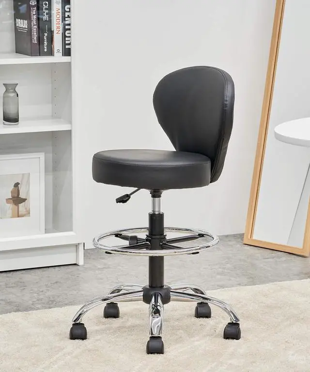 Alt view image 2 of 7 - PVC Faux Leather Drafting Chair Set of 4 Rolling Swivel Salon Stool with Back Foot Rest Adjustable Hydraulic Seat Height 30 Inch Diameter 15 in Lumbar Support for Massage Facial Spa 4 Pack