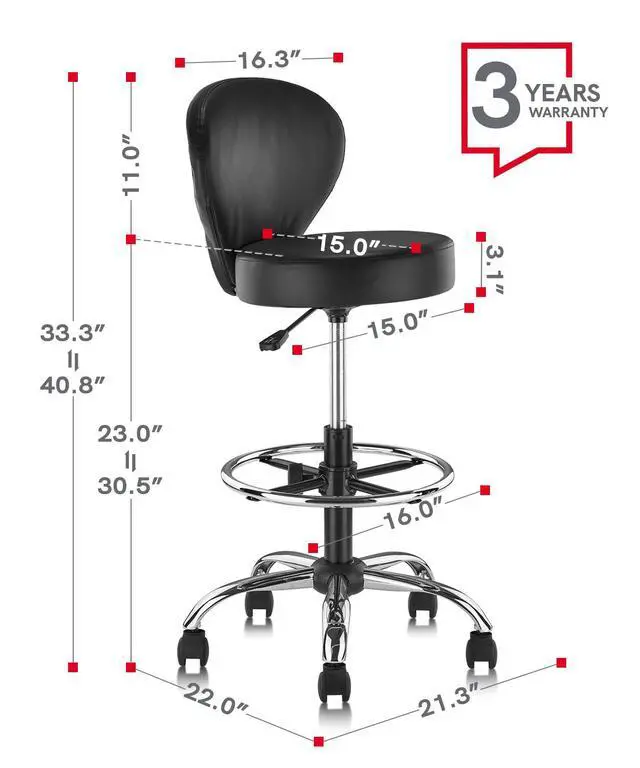 Alt view image 3 of 7 - PVC Faux Leather Drafting Chair Set of 4 Rolling Swivel Salon Stool with Back Foot Rest Adjustable Hydraulic Seat Height 30 Inch Diameter 15 in Lumbar Support for Massage Facial Spa 4 Pack