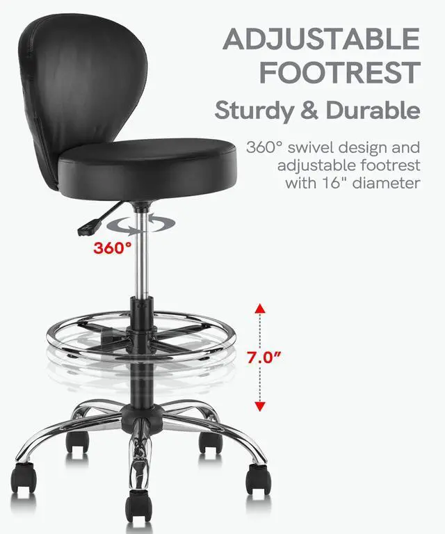 Alt view image 6 of 7 - PVC Faux Leather Drafting Chair Set of 4 Rolling Swivel Salon Stool with Back Foot Rest Adjustable Hydraulic Seat Height 30 Inch Diameter 15 in Lumbar Support for Massage Facial Spa 4 Pack