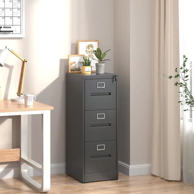Alt view image 2 of 7 - 3 Drawer File Cabinet, Vertical File Cabinet with Lock, Metal Locking Filing Storage Cabinet for Home Office, Hanging Files for A4/ Legal/Letter, Assembly Required, Black
