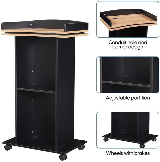 Alt view image 3 of 7 - Podium Stand,Wood Podium with Wheels,Lectern with Storage,Mic Stand Space,15MM Particle Board,Wooden Pulpit for Restaurants,Churches,Seminars and Schools