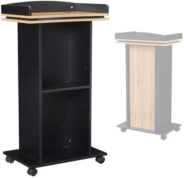 Alt view image 5 of 7 - Podium Stand,Wood Podium with Wheels,Lectern with Storage,Mic Stand Space,15MM Particle Board,Wooden Pulpit for Restaurants,Churches,Seminars and Schools