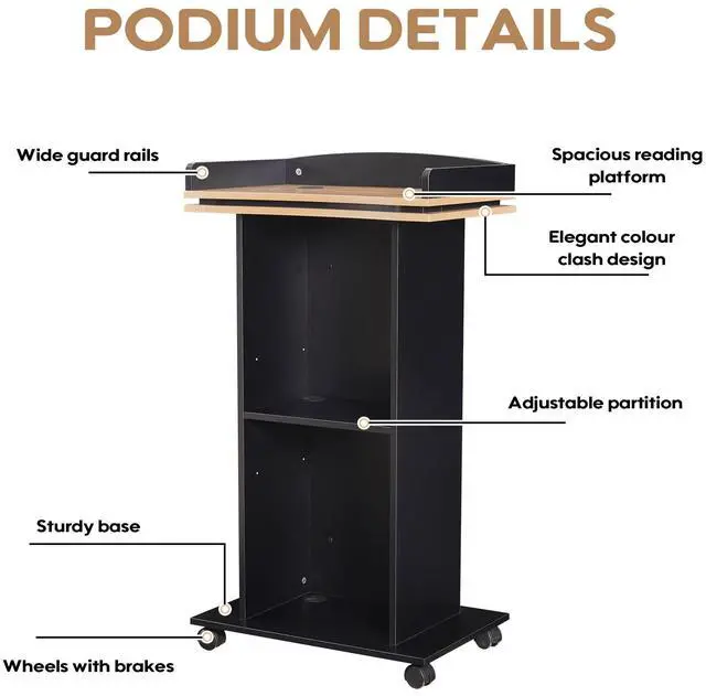 Alt view image 4 of 7 - Podium Stand,Wood Podium with Wheels,Lectern with Storage,Mic Stand Space,15MM Particle Board,Wooden Pulpit for Restaurants,Churches,Seminars and Schools