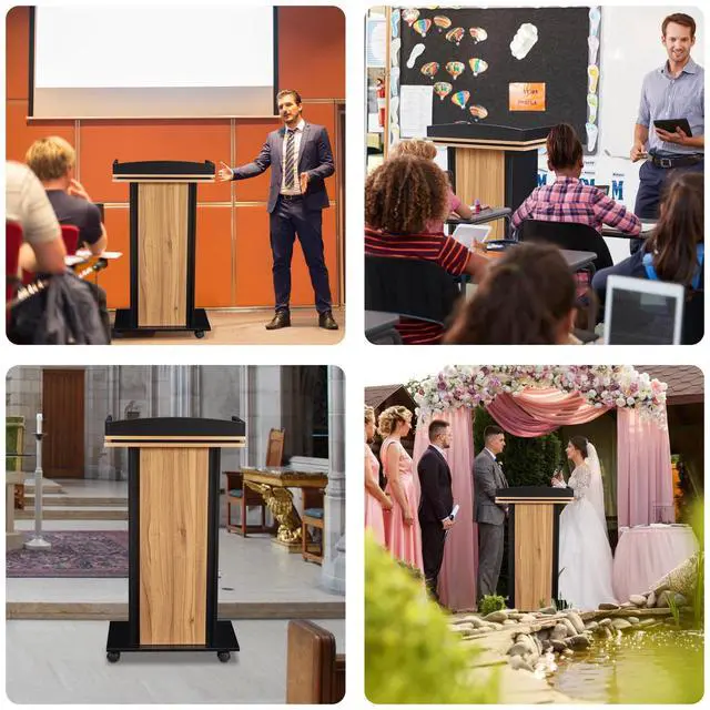 Alt view image 6 of 7 - Podium Stand,Wood Podium with Wheels,Lectern with Storage,Mic Stand Space,15MM Particle Board,Wooden Pulpit for Restaurants,Churches,Seminars and Schools