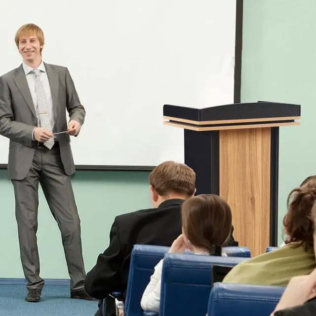 Alt view image 7 of 7 - Podium Stand,Wood Podium with Wheels,Lectern with Storage,Mic Stand Space,15MM Particle Board,Wooden Pulpit for Restaurants,Churches,Seminars and Schools