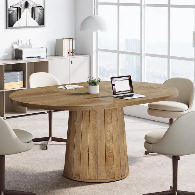 Main image of 55.11" Oval Conference Table for 4-6 (Light Brown) | Rustic Meeting Table, Seminar Boardroom Furniture with Wood Base for Office Conference Room