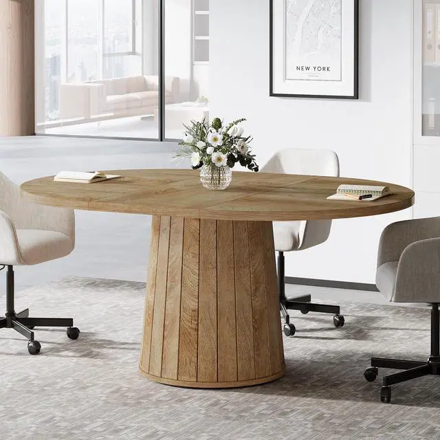 Alt view image 3 of 7 - 55.11" Oval Conference Table for 4-6 (Light Brown) | Rustic Meeting Table, Seminar Boardroom Furniture with Wood Base for Office Conference Room