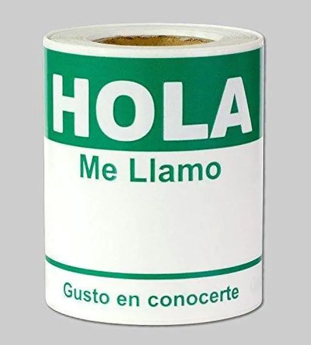 Main image of Spanish Name Tags, Green, 4 x 2.3 inch, 100 Labels | Hola Me Llamo Badges, Stickers for Events Reunions Meet and Greets, Fabric Safe