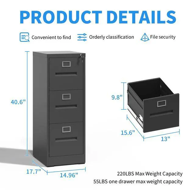 Alt view image 3 of 7 - 3 Drawer File Cabinet, Vertical File Cabinet with Lock, Metal Locking Filing Storage Cabinet for Home Office, Hanging Files for A4/ Legal/Letter, Assembly Required, Black