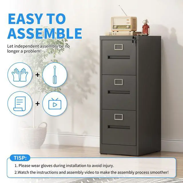 Alt view image 4 of 7 - 3 Drawer File Cabinet, Vertical File Cabinet with Lock, Metal Locking Filing Storage Cabinet for Home Office, Hanging Files for A4/ Legal/Letter, Assembly Required, Black
