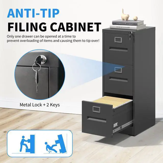 Alt view image 5 of 7 - 3 Drawer File Cabinet, Vertical File Cabinet with Lock, Metal Locking Filing Storage Cabinet for Home Office, Hanging Files for A4/ Legal/Letter, Assembly Required, Black